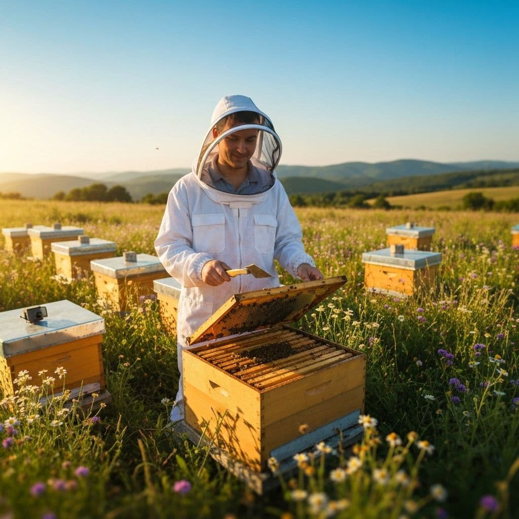 Apicultor trabajando con colmenas